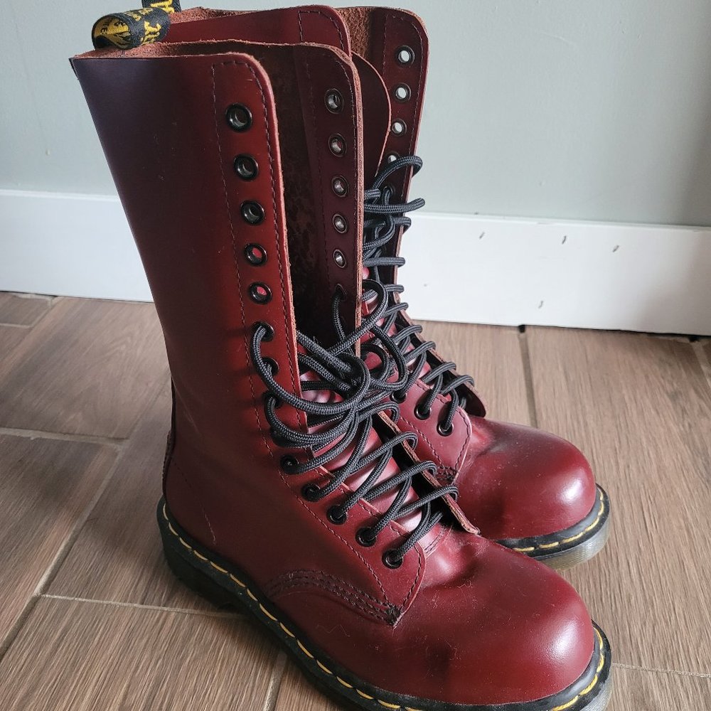 DR. MARTENS Tall, Leather, 14 - Eye, Red, Women’s Size US 7